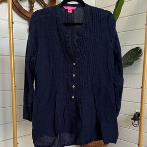 Lilly Pulitzer Navy Linen Tunic Blouse with Button Accents